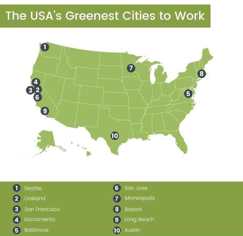 map of the greenest cities to work USA