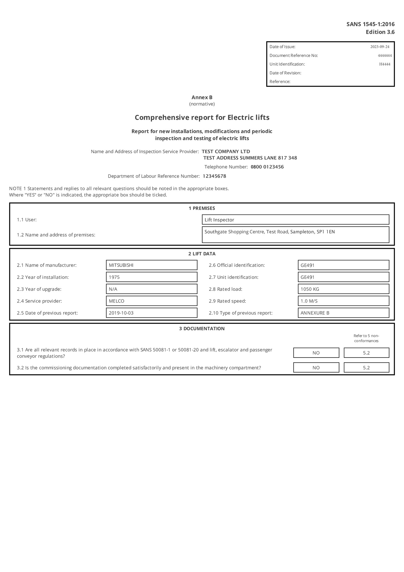 Lift Inspection Certificate